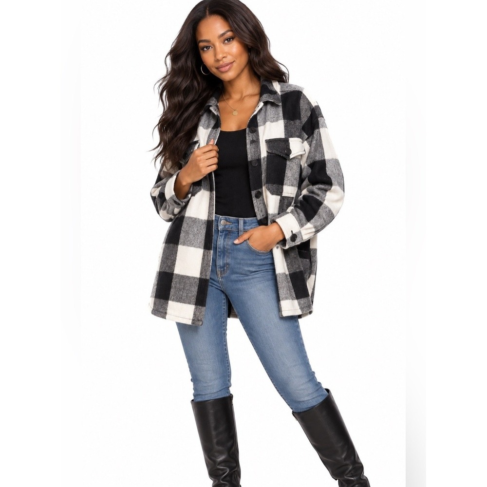 Lucky Brand Black White Buffalo Plaid Oversized Shacket Jacket XS